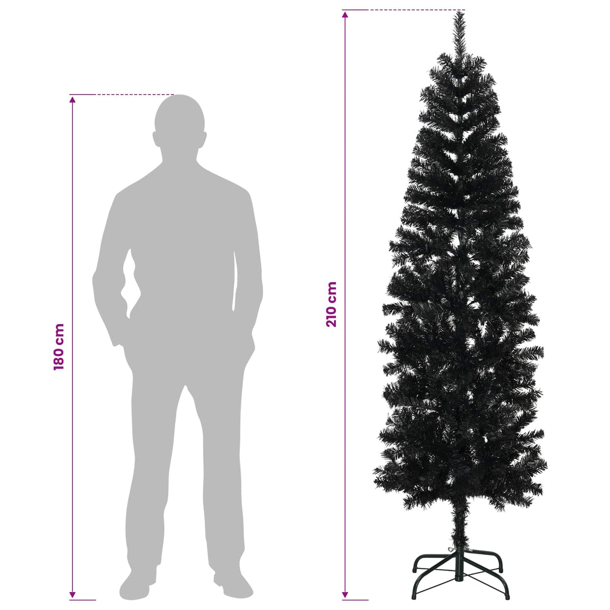 vidaXL Artificial Slim Christmas Tree 210 cm PVC and Steel Black