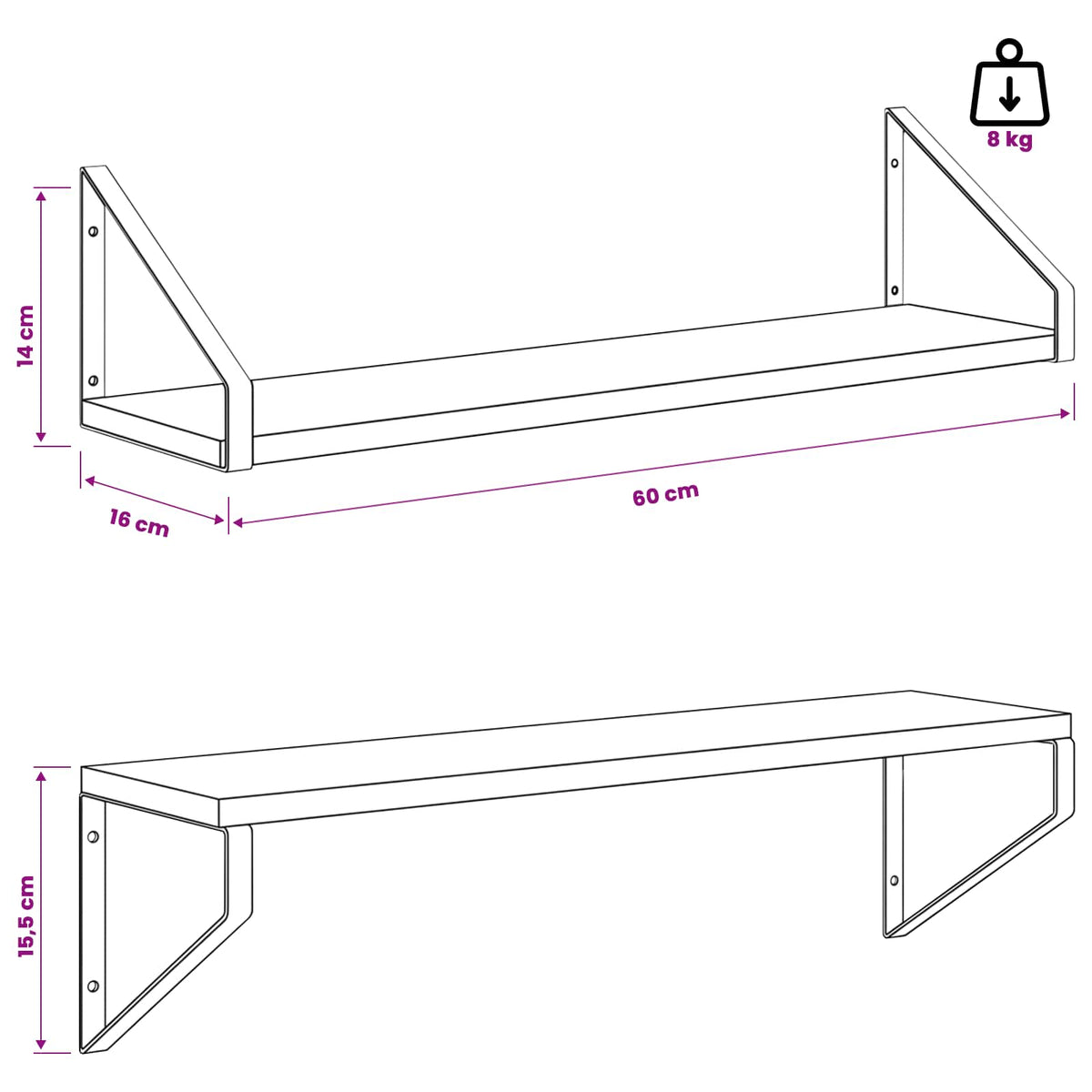 vidaXL Wall Shelves 2 pcs Black Oak 60 x 16 x 15.5 cm
