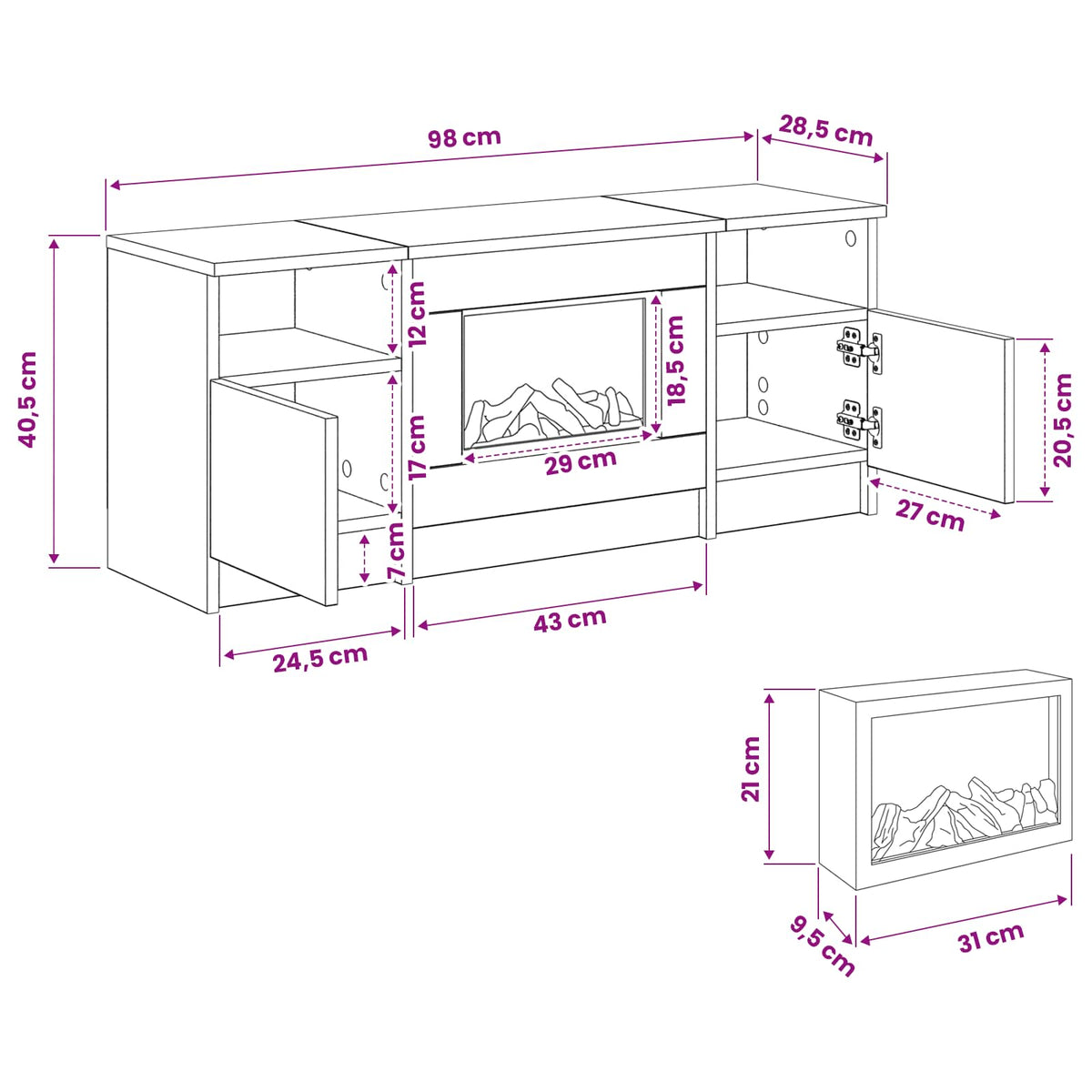 vidaXL Electric Fireplace Concrete 98 x 28.5 x 40.5 cm Engineered wood