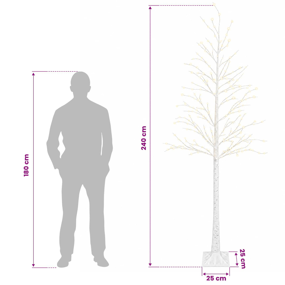 vidaXL Birch Christmas Tree White 25 x 25 x 240 cm Plastic 493 LEDs