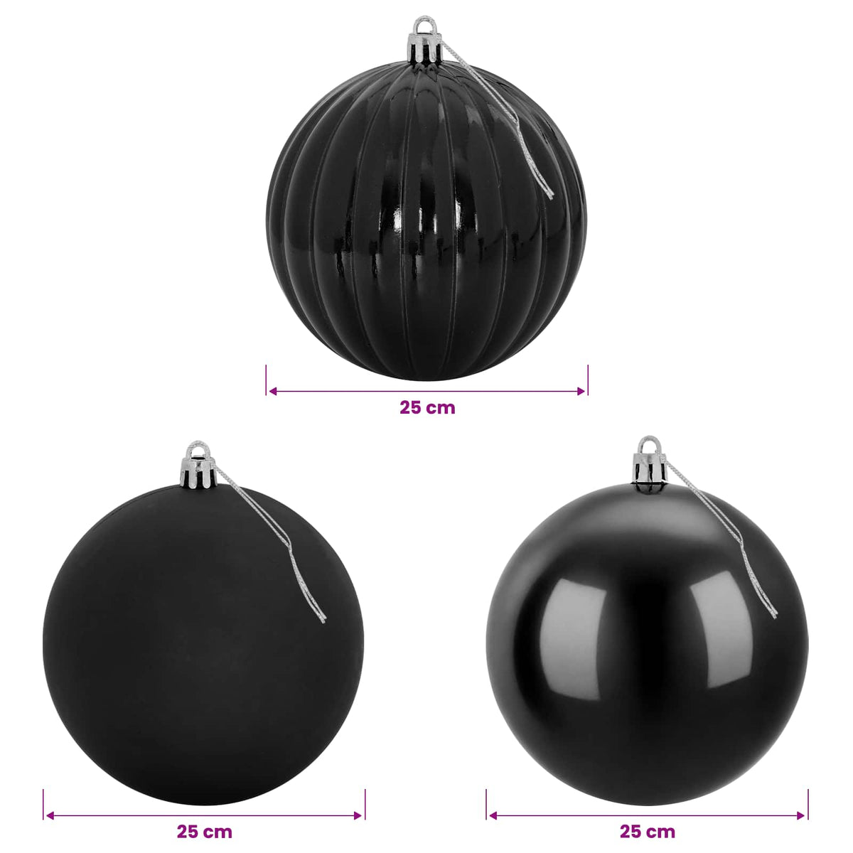 vidaXL Christmas Ball Set XXL 3 pcs Black Ø 25 cm Plastic