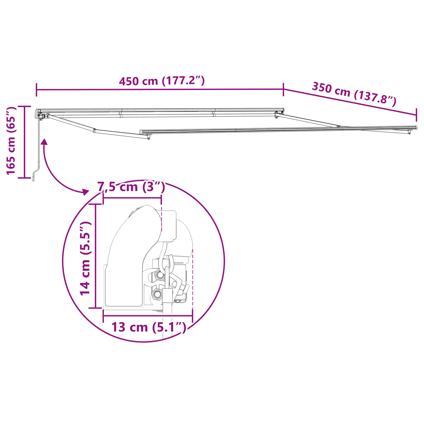 vidaXL Manual Retractable Awning Red 450x350 cm