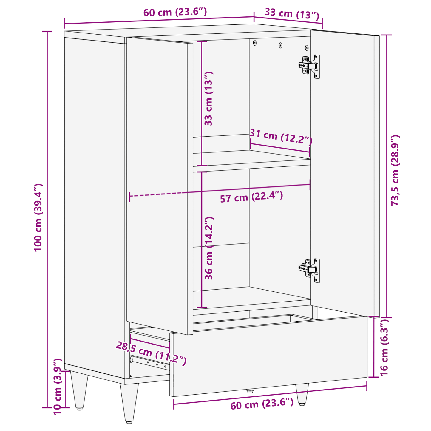 vidaXL Highboard Brown 60 x 33 x 100 cm Solid Mango Wood