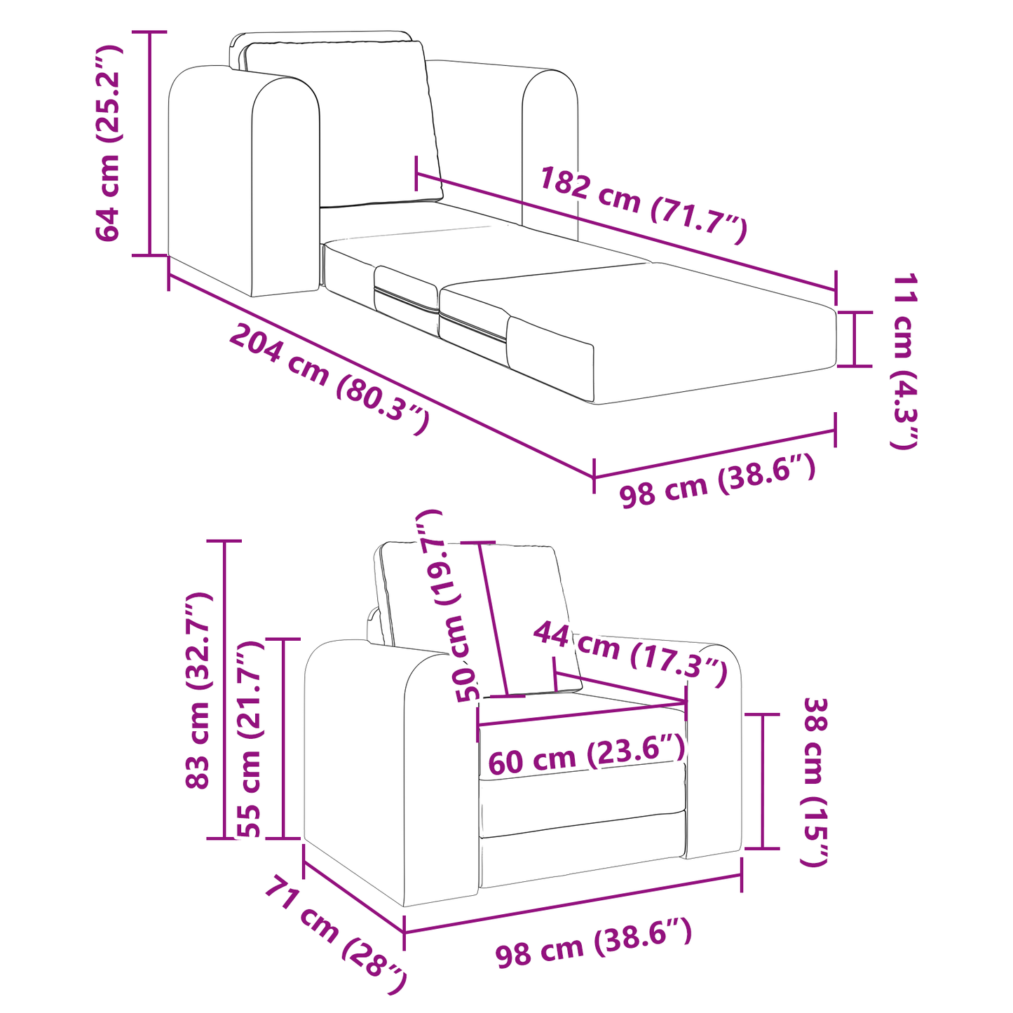 vidaXL Floor Sofa Bed 2-in-1 Black 98x71x83 cm Fabric