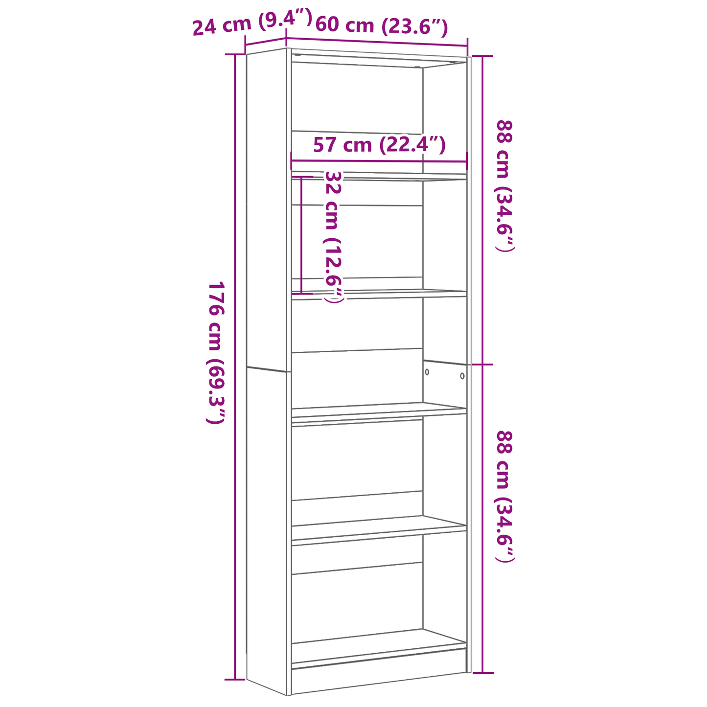 vidaXL Bookshelf 60 x 24 x 176 cm Engineered Wood Black Oak