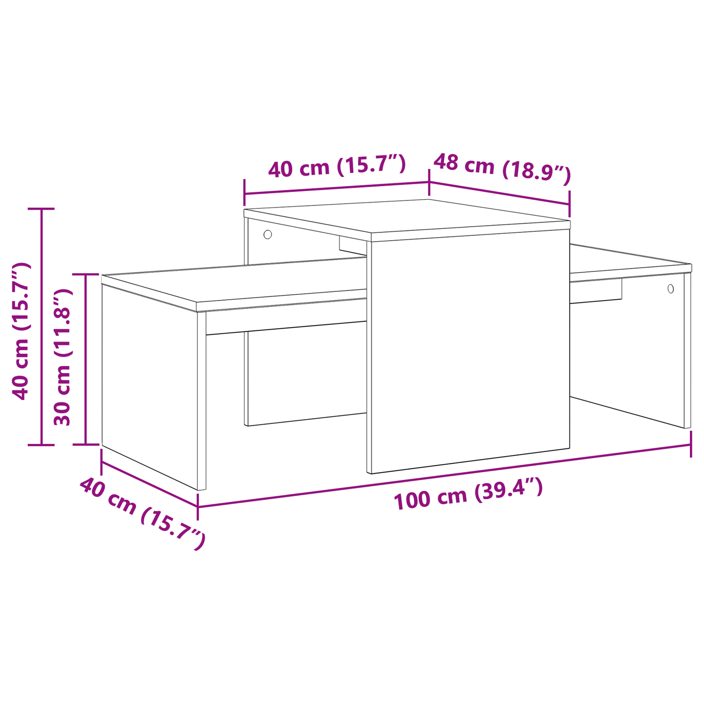 vidaXL Nesting Tables Black Oak 100 x 48 x 40 cm Engineered Wood