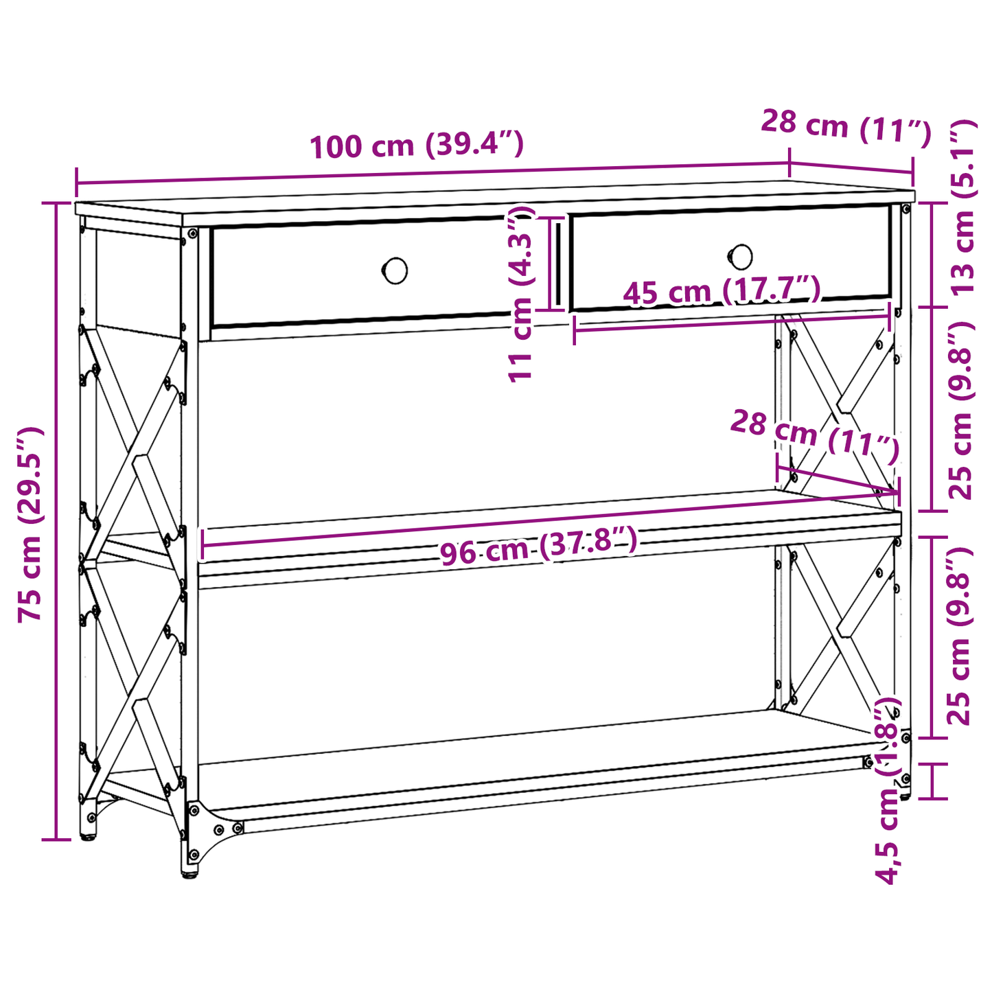 vidaXL Console Table Old wood 100 x 28 x 75 cm