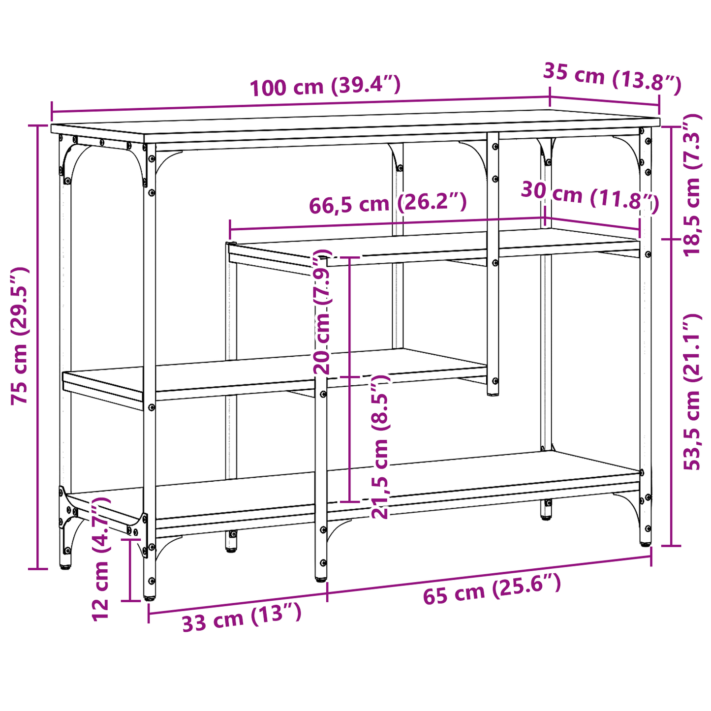 vidaXL Console Table Black oak 100 x 35 x 75 cm