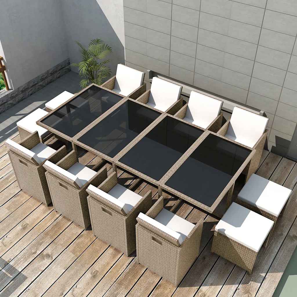 42558 vidaXL 13 Piece Outdoor Dining Set with Cushions Poly Rattan Beige
