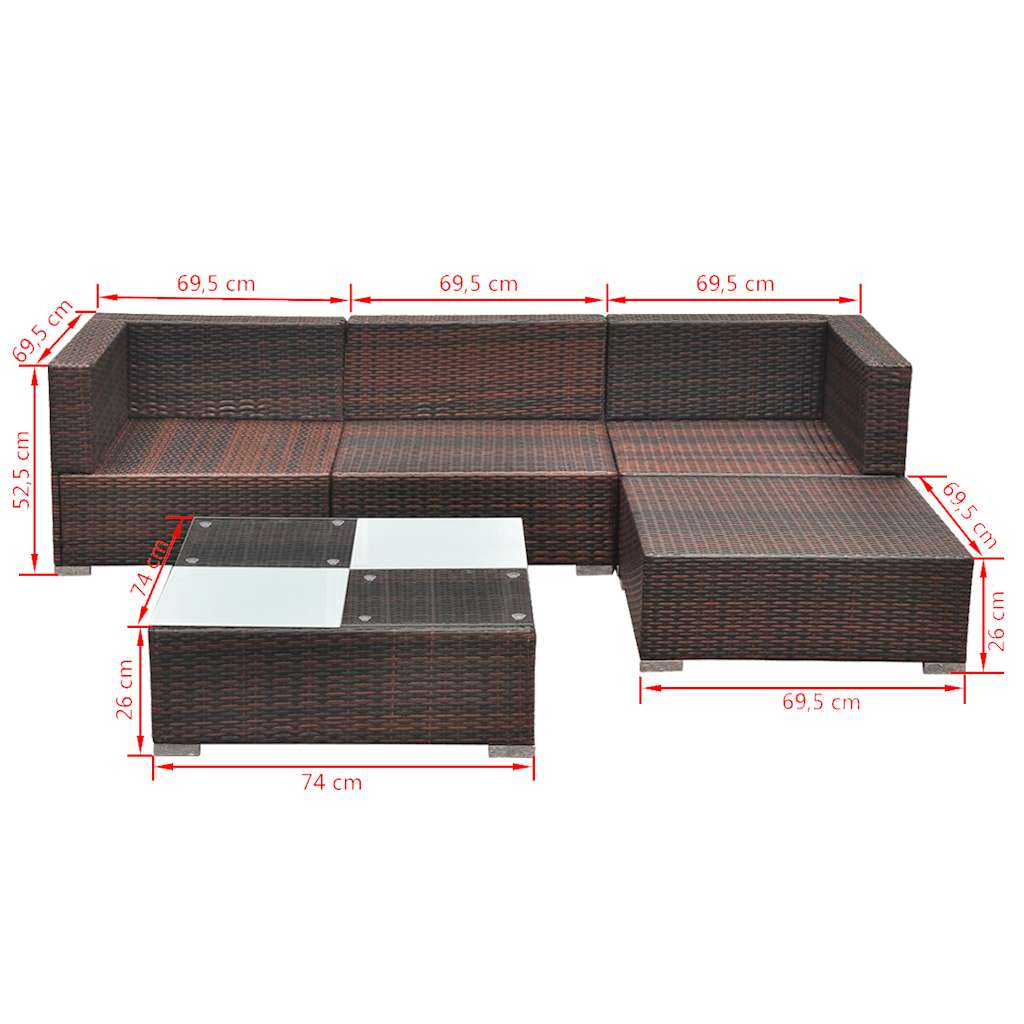 42739 vidaXL 5 Piece Garden Lounge Set with Cushions Poly Rattan Brown