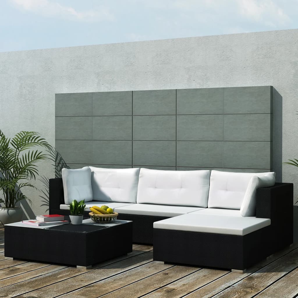vidaXL 5 Piece Garden Lounge Set with Cushions Poly Rattan Black