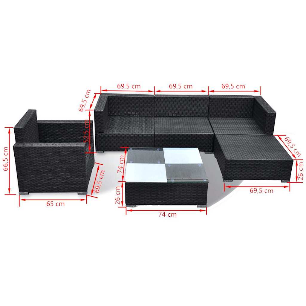 42743 vidaXL 6 Piece Garden Lounge Set with Cushions Poly Rattan Black