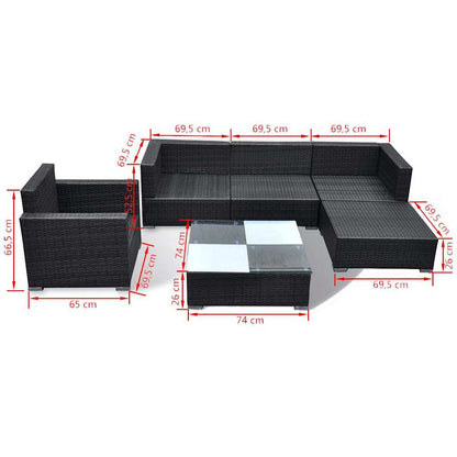 42743 vidaXL 6 Piece Garden Lounge Set with Cushions Poly Rattan Black
