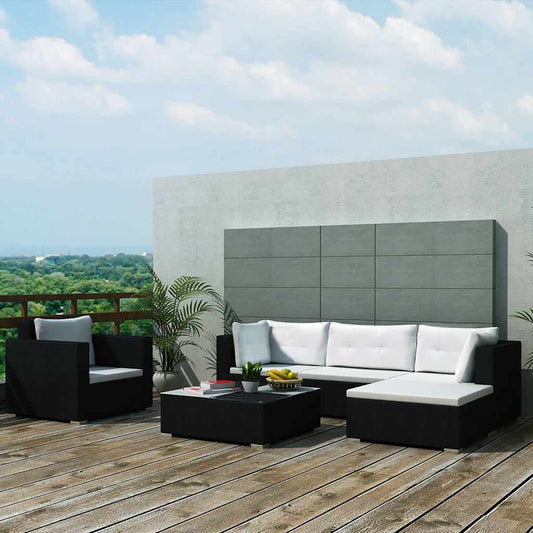 42743 vidaXL 6 Piece Garden Lounge Set with Cushions Poly Rattan Black