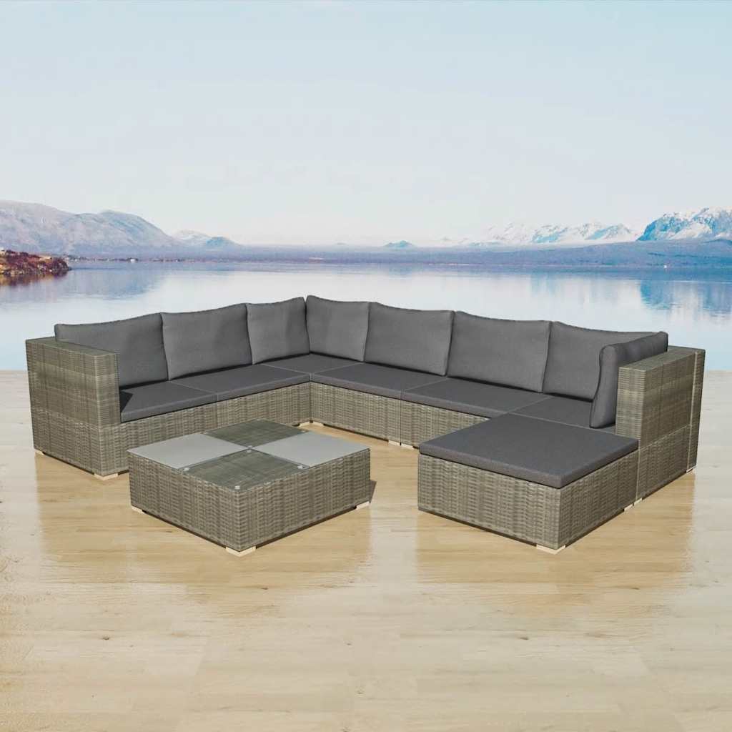 vidaXL 8 Piece Garden Lounge Set with Cushions Poly Rattan Grey