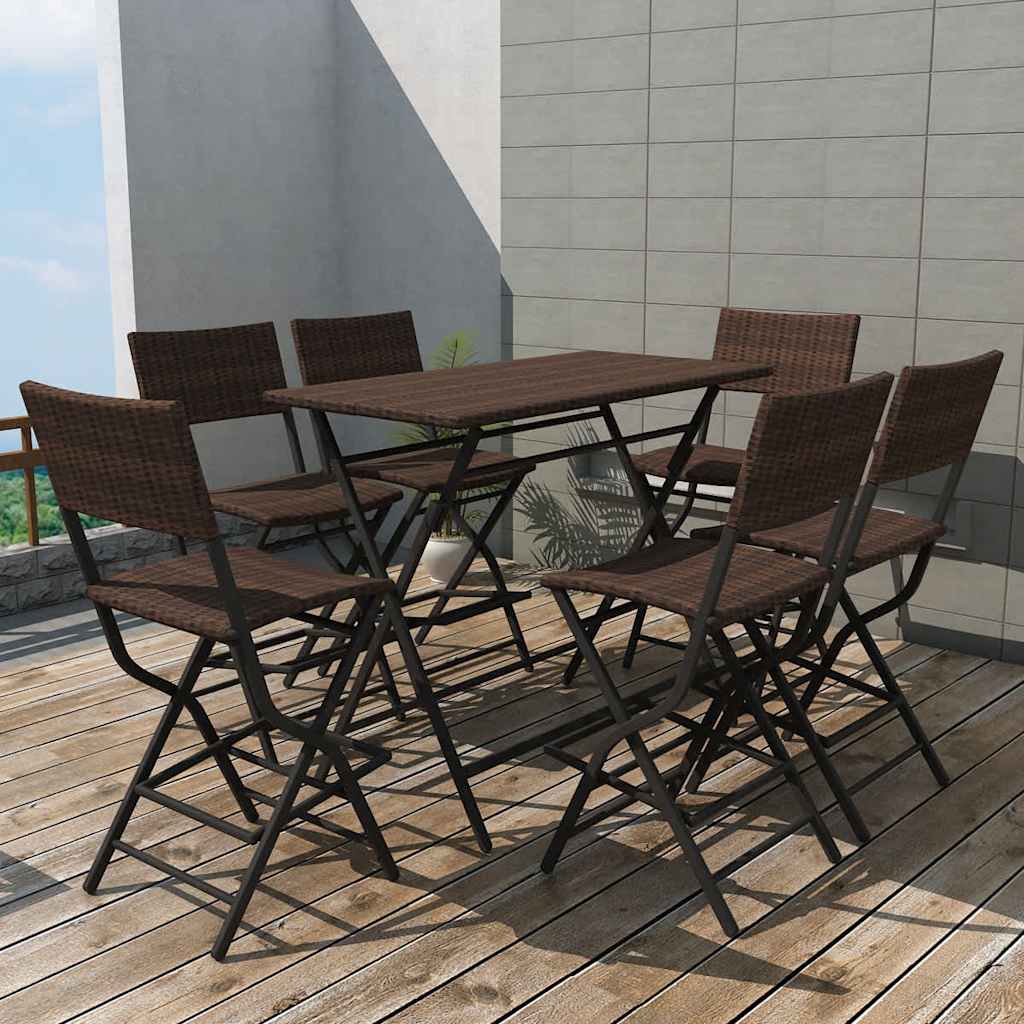 42877 vidaXL 7 Piece Folding Outdoor Dining Set Steel Poly Rattan Brown