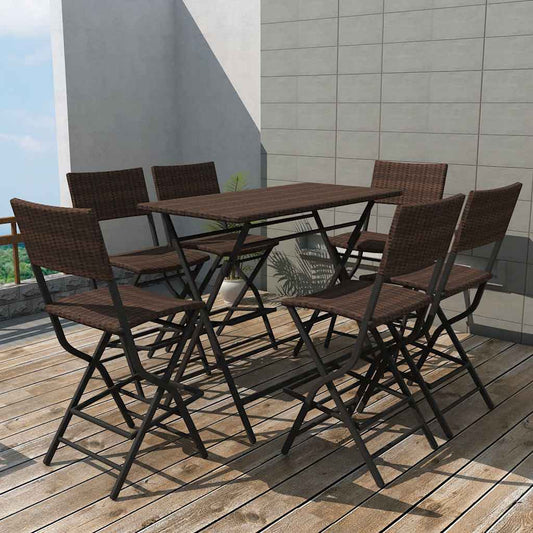 42877 vidaXL 7 Piece Folding Outdoor Dining Set Steel Poly Rattan Brown