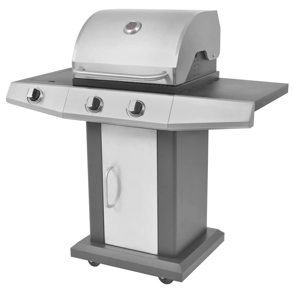 vidaXL Burner Gas Grill with Wheel Silver Steel with Metal Hose