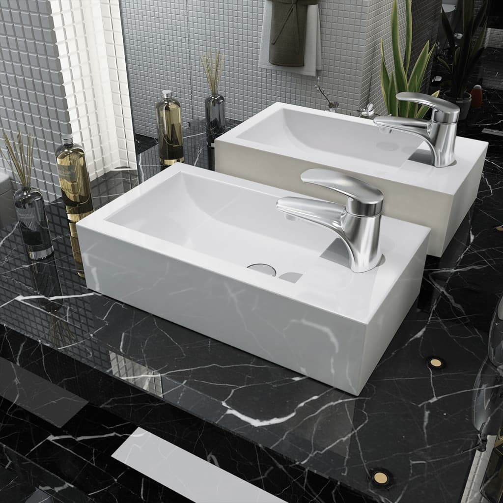 vidaXL Basin with Faucet Hole Rectangular Ceramic White 46x25.5x12 cm