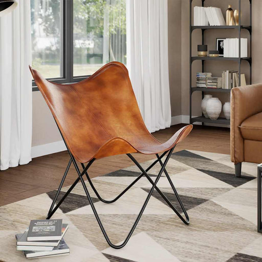 243728 vidaXL Butterfly Chair Brown Real Leather