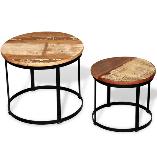 244007 vidaXL Two Piece Coffee Table Set Solid Reclaimed Wood Round 40cm/50cm