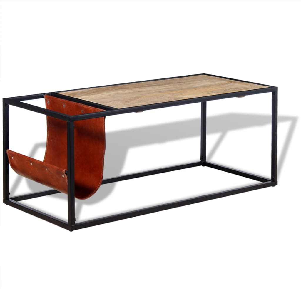 vidaXL Coffee Table with Genuine Leather Magazine Holder 110x50x45 cm