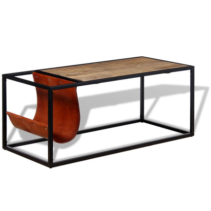 vidaXL Coffee Table with Genuine Leather Magazine Holder 110x50x45 cm