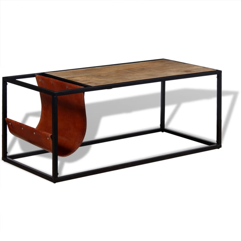 vidaXL Coffee Table with Genuine Leather Magazine Holder 110x50x45 cm