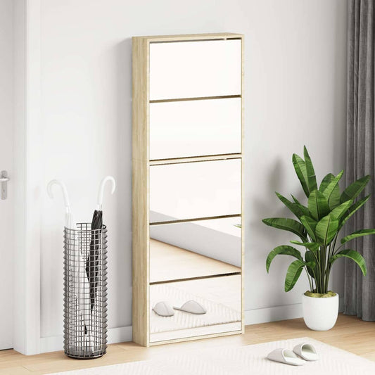 vidaXL Shoe Cabinet 5-Layer Mirror Oak 63x17x169.5 cm