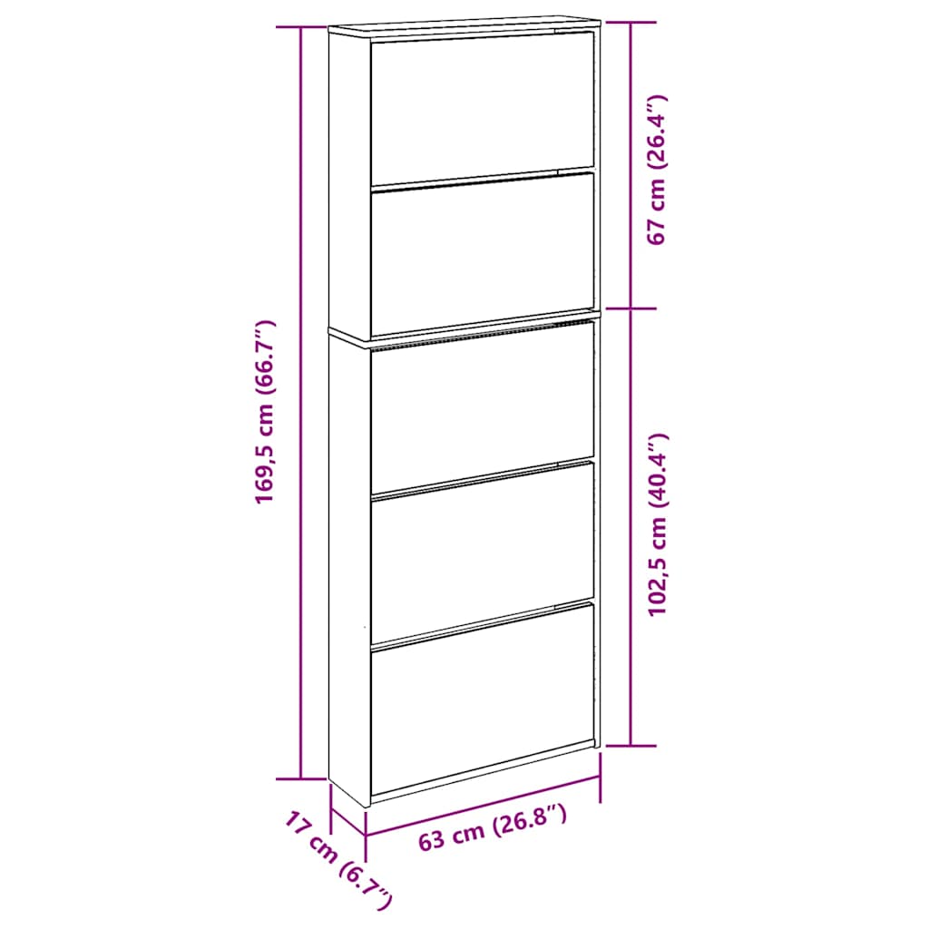 vidaXL Shoe Cabinet 5-Layer Mirror White 63x17x169.5 cm