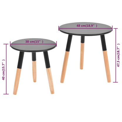 vidaXL Side Table | Set of 2 | Black | Solid pinewood legs, MDF top | Small