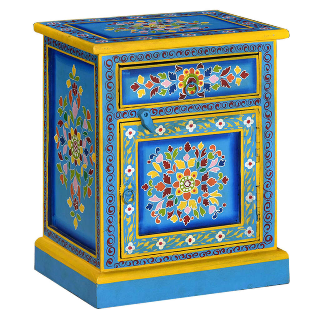 vidaXL Bedside Cabinet | Turquoise, Yellow, Multicolour | Solid Mango Wood