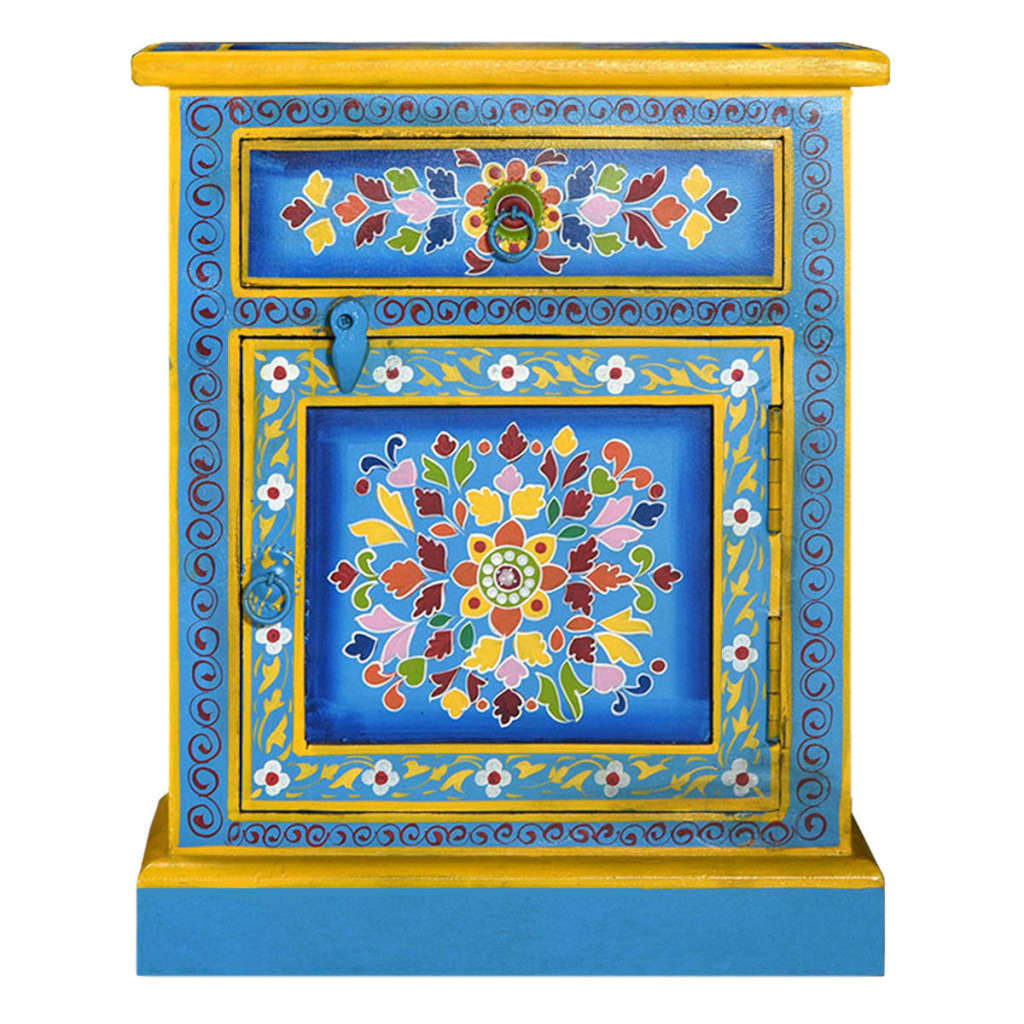 vidaXL Bedside Cabinet | Turquoise, Yellow, Multicolour | Solid Mango Wood