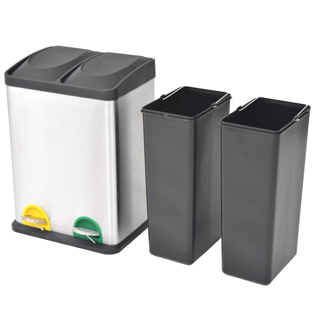 vidaXL Recycling Pedal Bin Garbage Trash Bin Stainless Steel 36 L