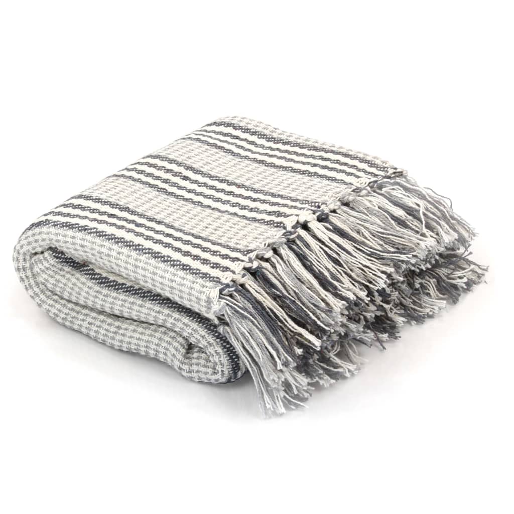 vidaXL Throw Cotton Stripes 220x250 cm Grey and White