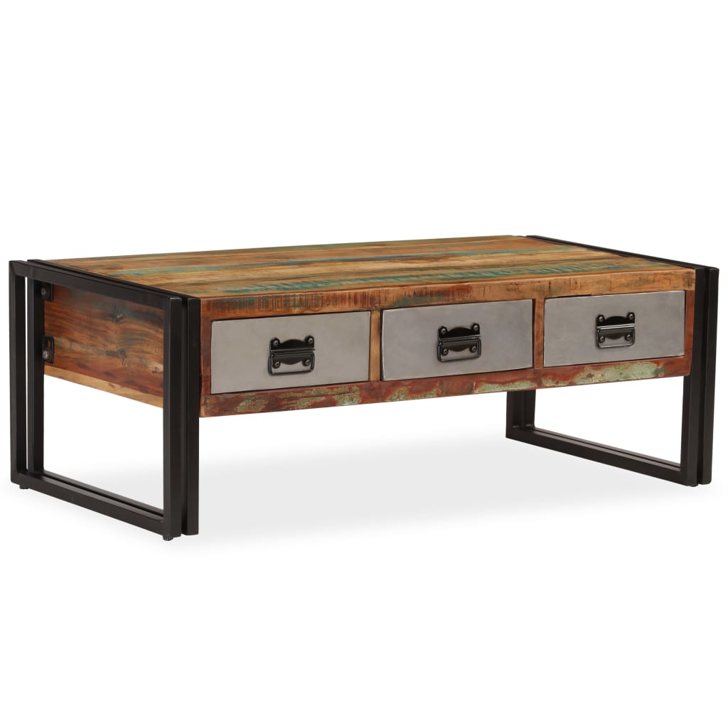 244941 vidaXL Coffee Table with 3 Drawers Solid Reclaimed Wood 100x50x35 cm