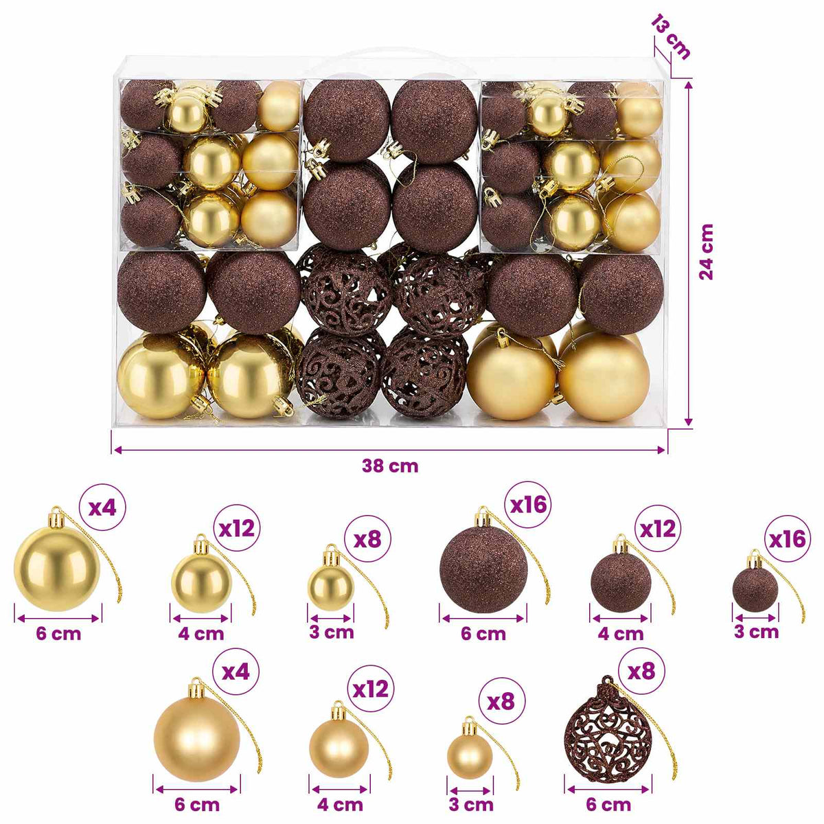 245714 vidaXL 100 Piece Christmas Ball Set 3/4/6 cm Brown/Bronze/Gold