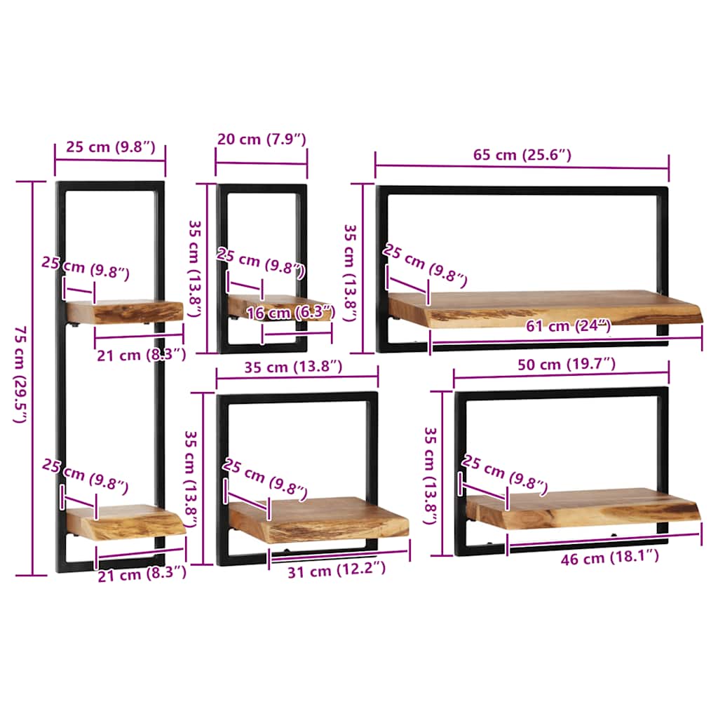 vidaXL Wall Shelf Set 5 Pieces Solid Acacia Wood and Steel