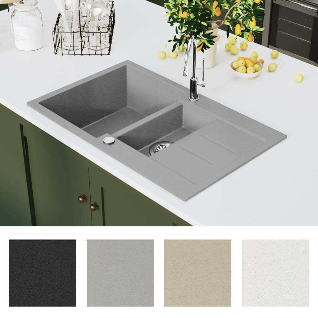 vidaXL Granite Kitchen Sink Double Basin Grey