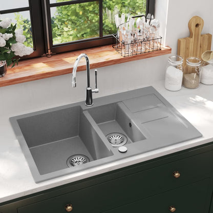 vidaXL Granite Kitchen Sink Double Basin Grey