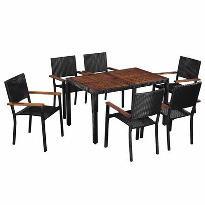 43935 vidaXL 7 Piece Outdoor Dining Set Poly Rattan and Acacia Wood Black