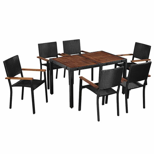 43935 vidaXL 7 Piece Outdoor Dining Set Poly Rattan and Acacia Wood Black