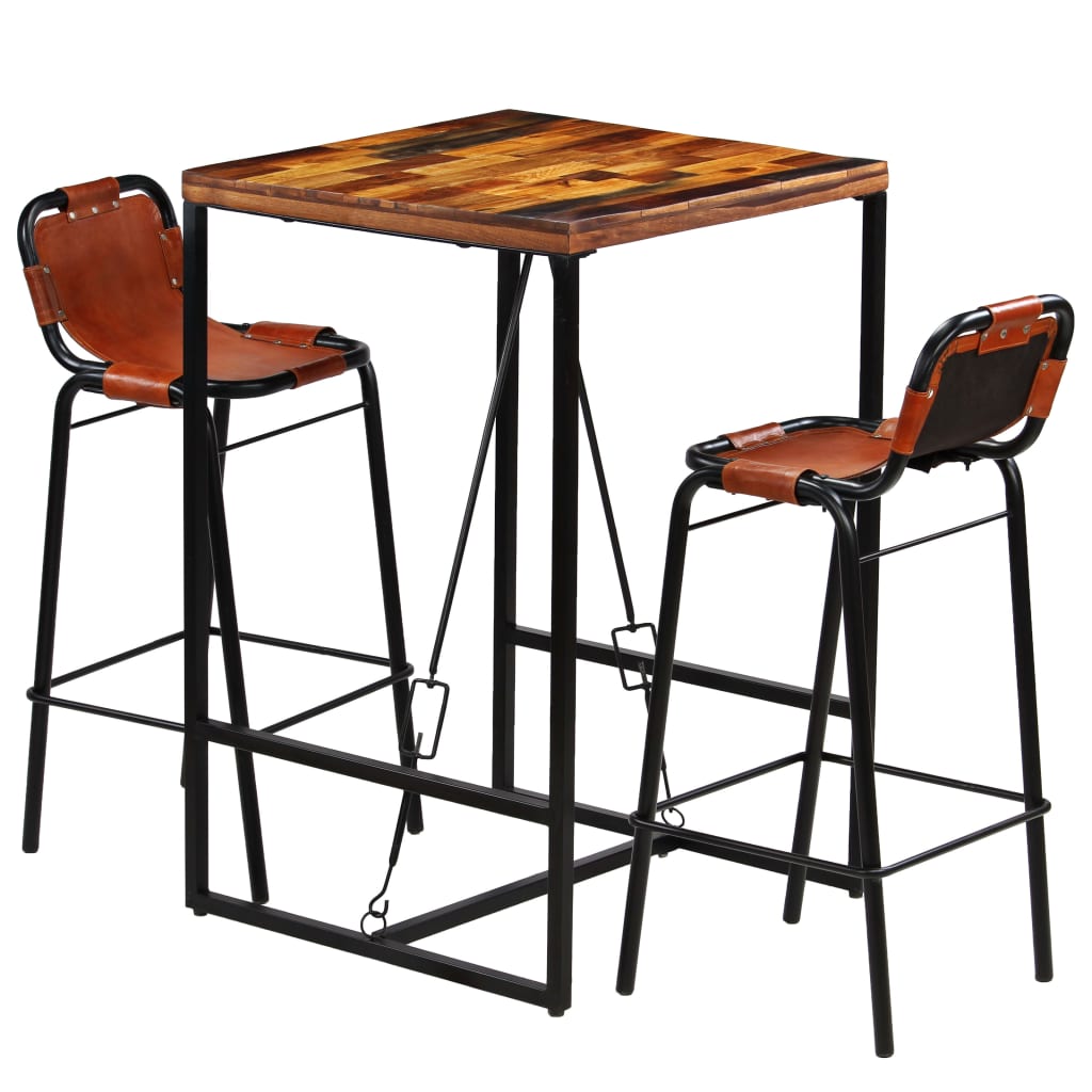 vidaXL Bar Set 3 Pieces Solid Reclaimed Wood and Genuine Goat Leather