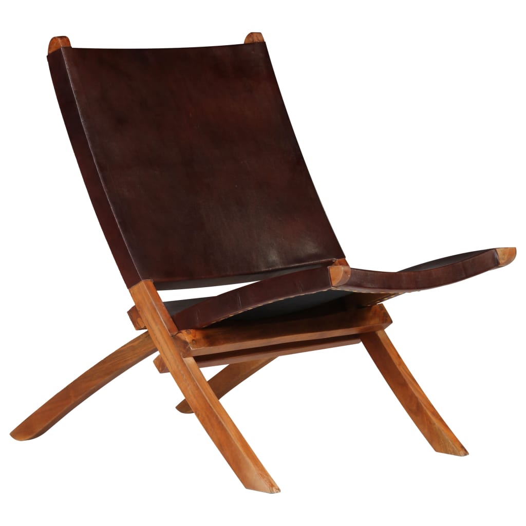 vidaXL Folding Chair Brown Real Leather
