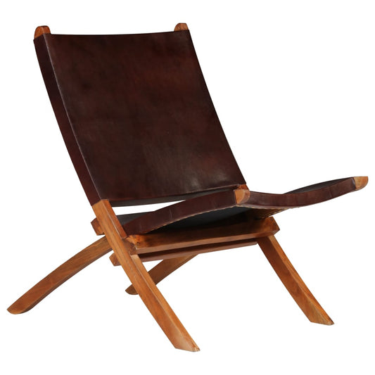 vidaXL Folding Chair Brown Real Leather