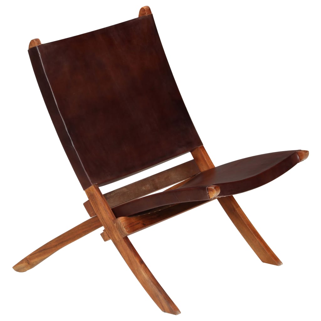 vidaXL Folding Chair Brown Real Leather
