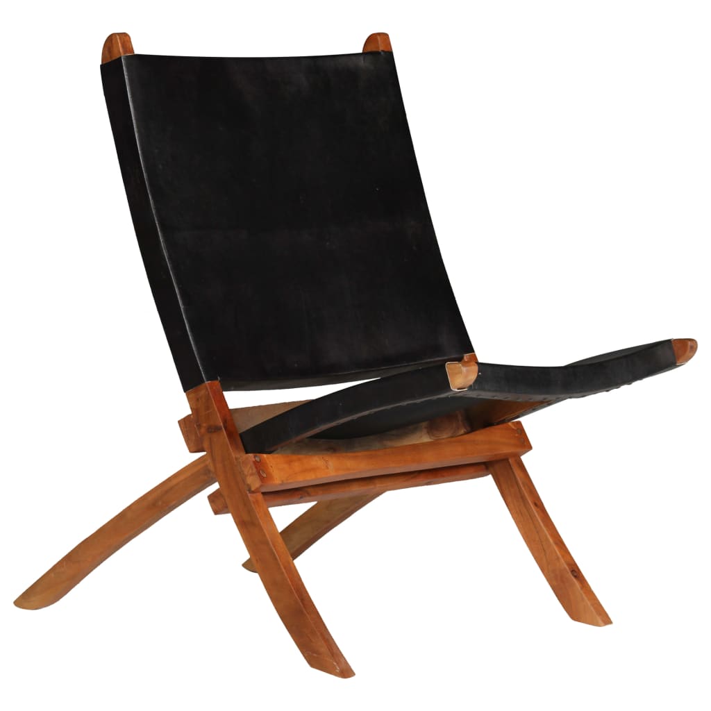 vidaXL Folding Chair Black Real Leather