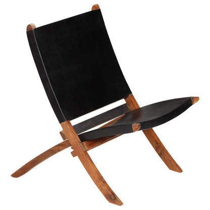 vidaXL Folding Chair Black Real Leather