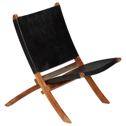 vidaXL Folding Chair Black Real Leather
