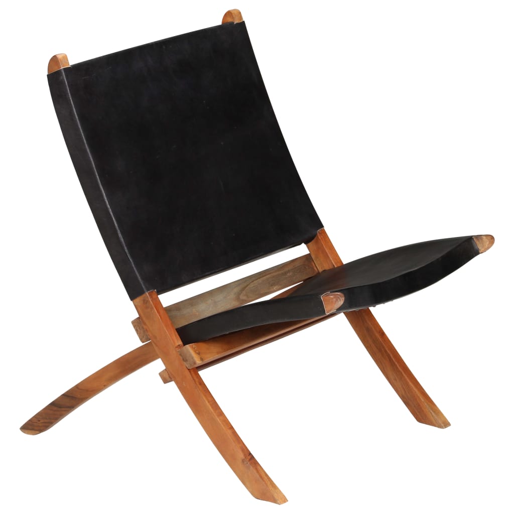 vidaXL Folding Chair Black Real Leather